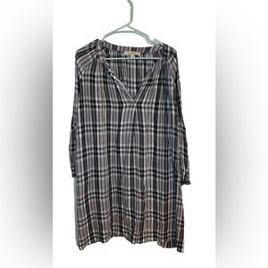 LOFT Plaid Pleated Balloon Sleeves Gray White Rayon Shirt  Dress Sz M